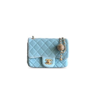 CHANEL MINI FLAP BAG VELVET, DIAMANT & GOLD-TONE METAL BLUE AS1786 (18*13*7cm)